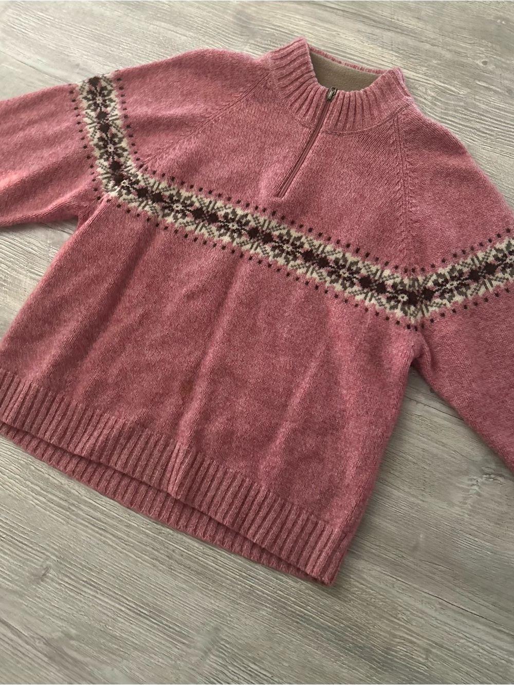 Vintage Womens Lambswool Fair Isle 1/4 Zip Sweater Desert Rose Pink Medium